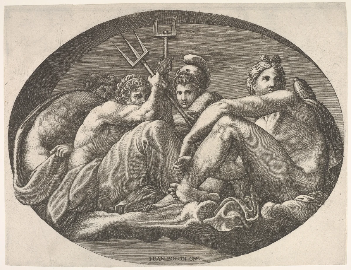 Apollo, Neptune, Pluto, and Athena seated on a cloud under an arch, an oval composition, from a series of eight compositions after Francesco Primaticcio's designs for the ceiling of the Ulysses Gallery (destroyed 1738-39) at Fontainebleau by Giorgio Ghisi, print, 1560-1569