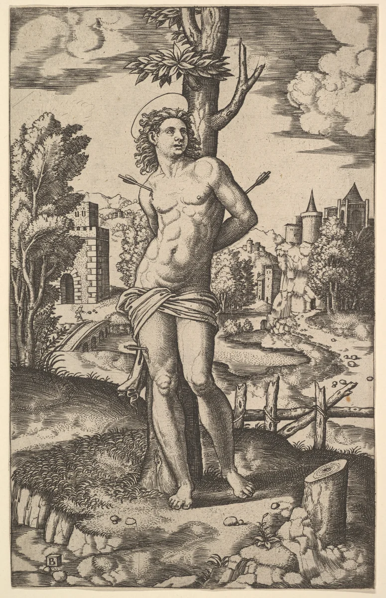 Saint Sebastian tied to a tree and pierced with arrows by Master of the Die, print, 1530-1560