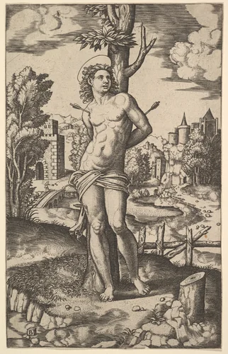 Saint Sebastian tied to a tree and pierced with arrows by Master of the Die, print, 1530-1560