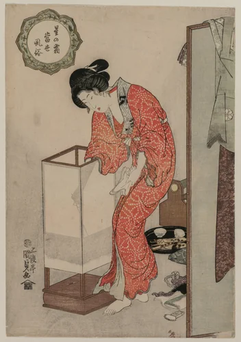 Woman Putting Out a Light (from the series Modern Customs: Frost Beneath the Stars) by Utagawa Kunisada (歌川国貞), print, 1815-1825
