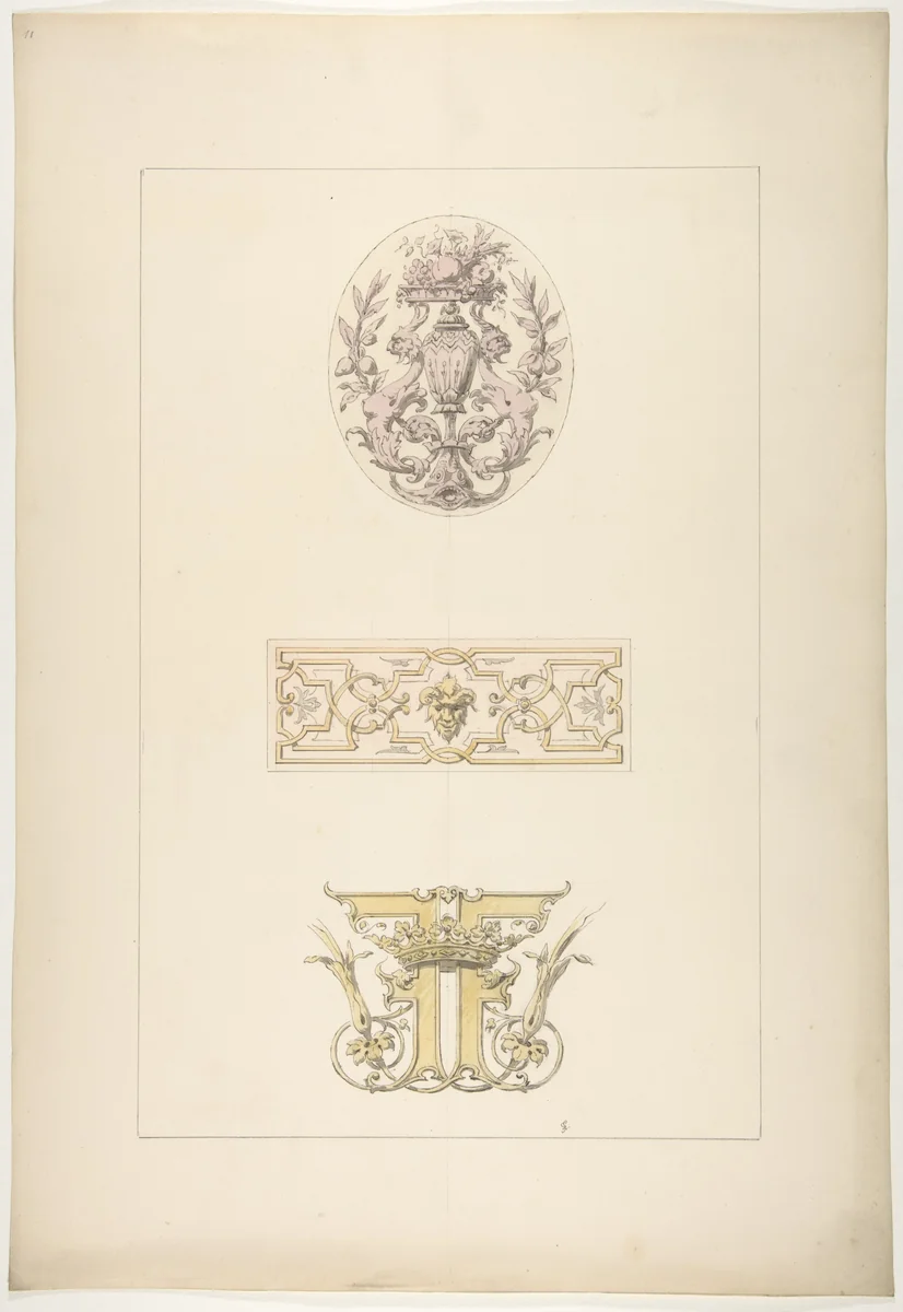Two designs for decorative panels and one design for an ornamental monogram with a crown and the initials: FF by Jules-Edmond-Charles Lachaise, drawing, 1830-1897