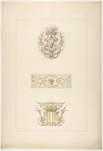 Two designs for decorative panels and one design for an ornamental monogram with a crown and the initials: FF by Jules-Edmond-Charles Lachaise, drawing, 1830-1897