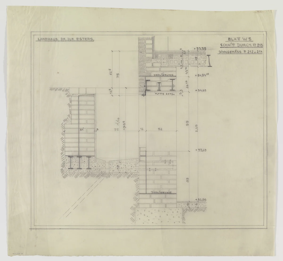 Josef Esters House, Krefeld, Germany (Section; basement structural detail) by Ludwig Mies van der Rohe, mies van der rohe archive, 1927