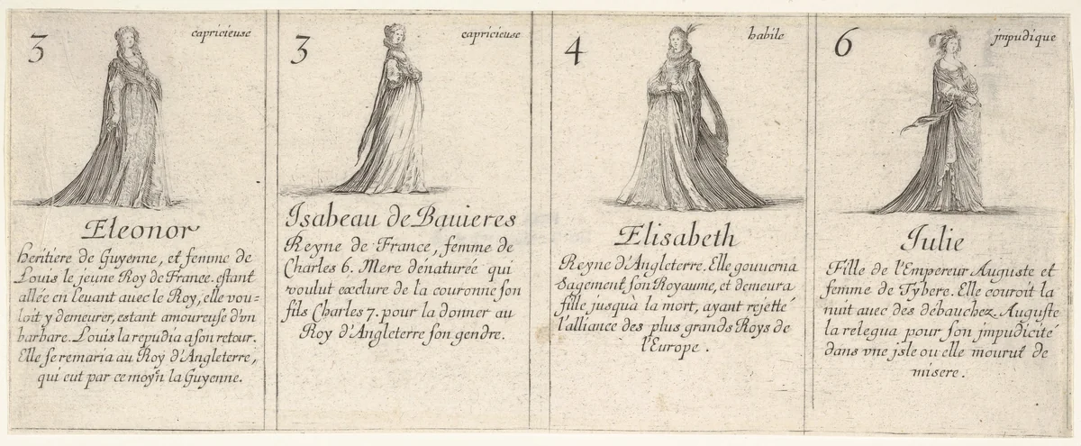 Eleonor, Isabeau de Bauieres, Elisabeth, and Julie, from "The Game of Queens" (Le Jeu des Reines Renommées) by Stefano della Bella, print, 1644
