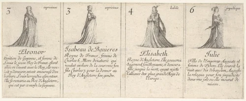 Eleonor, Isabeau de Bauieres, Elisabeth, and Julie, from "The Game of Queens" (Le Jeu des Reines Renommées) by Stefano della Bella, print, 1644
