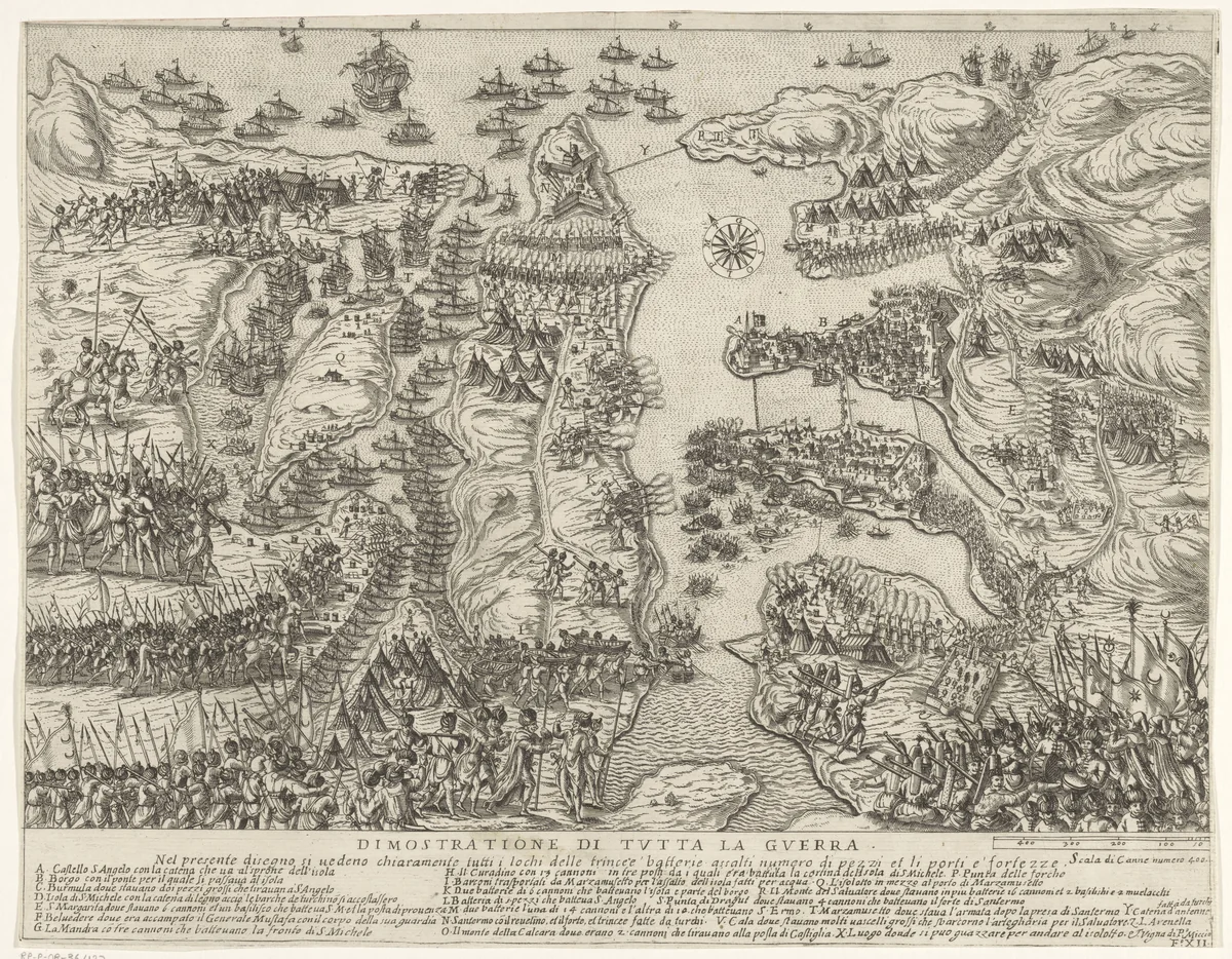 Overzicht van het gehele gevecht op Malta by Antonio Francesco Lucini, print, 1665