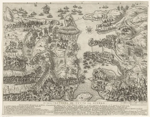 Overzicht van het gehele gevecht op Malta by Antonio Francesco Lucini, print, 1665