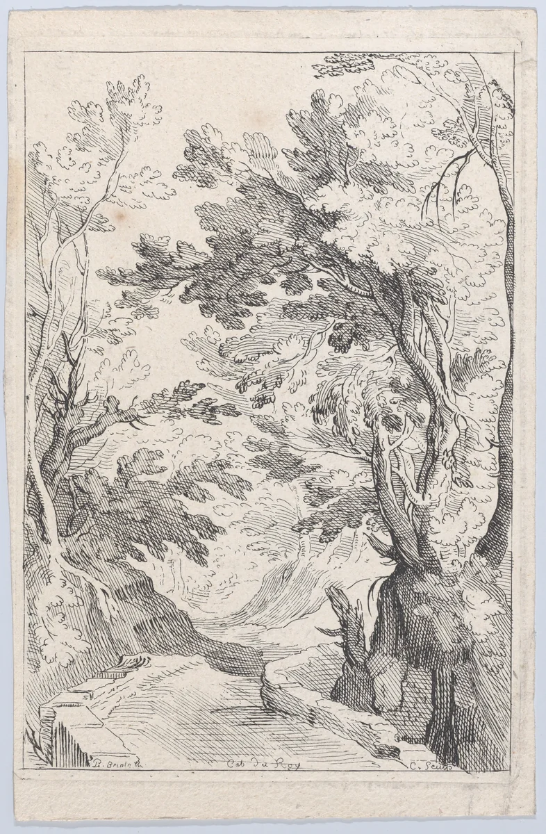 A Pathway with a Parapet in a Forest by Anne Claude Philippe de Tubières, print, 1712-1765