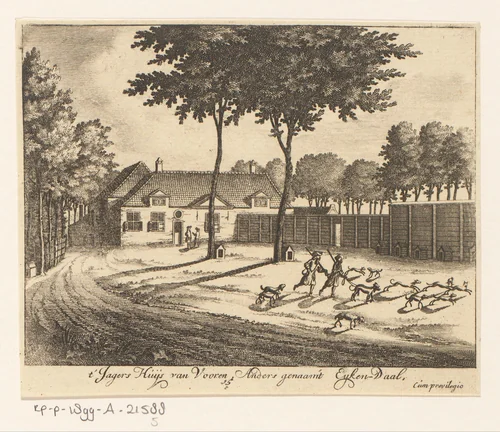 Jagershuis op het landgoed van Paleis Soestdijk by Hendrik de Leth, print, 1725-1747