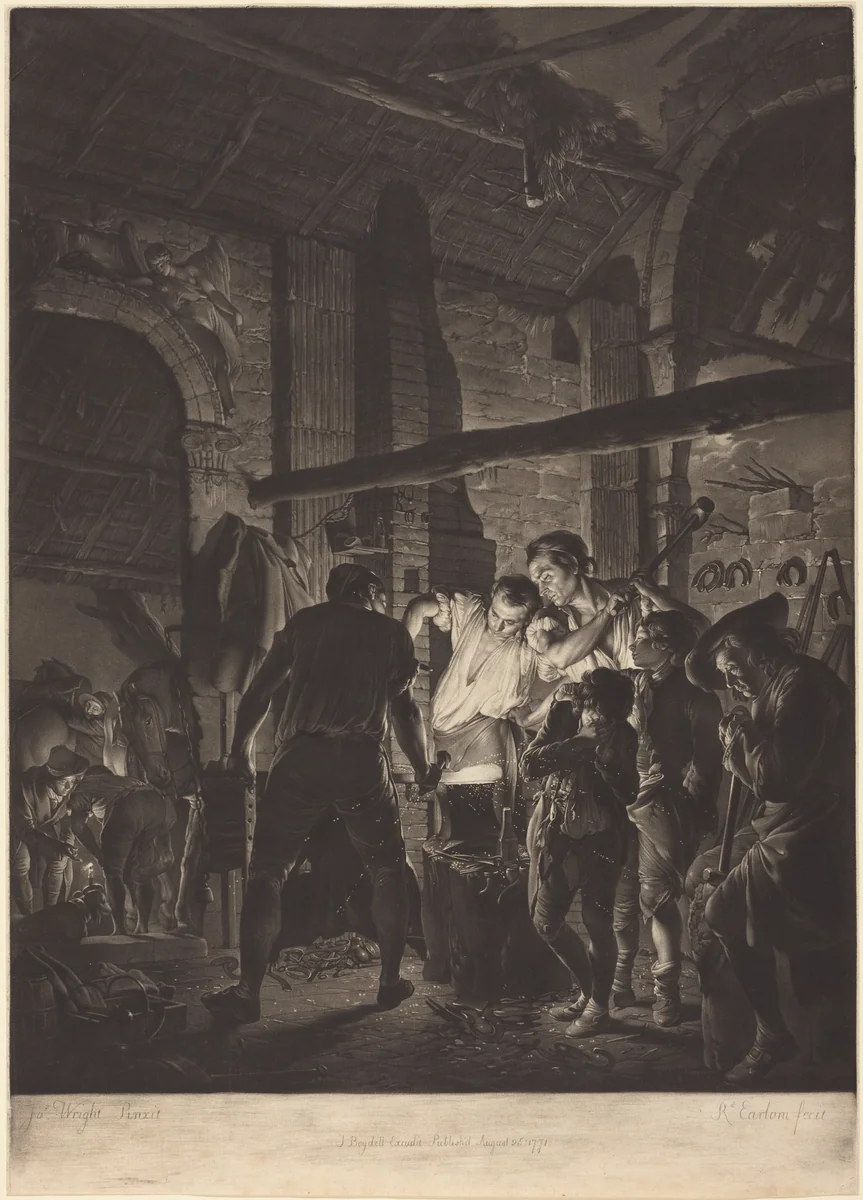 The Blacksmith's Shop by Richard Earlom; Joseph Wright, print, 1771