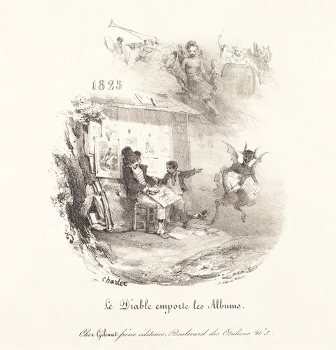 Le Diable emporte les Albums (The Devil Runs Off with the Lithograph Albums) by Nicolas Toussaint Charlet, print, 1825