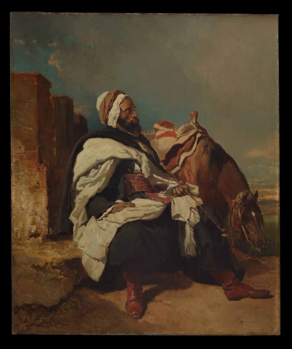 Seated Arab Man with Horse by Alfred Dedreux, painting, 1850-1858