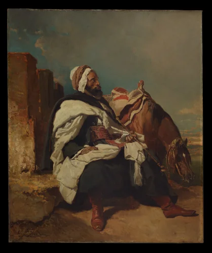 Seated Arab Man with Horse by Alfred Dedreux, painting, 1850-1858