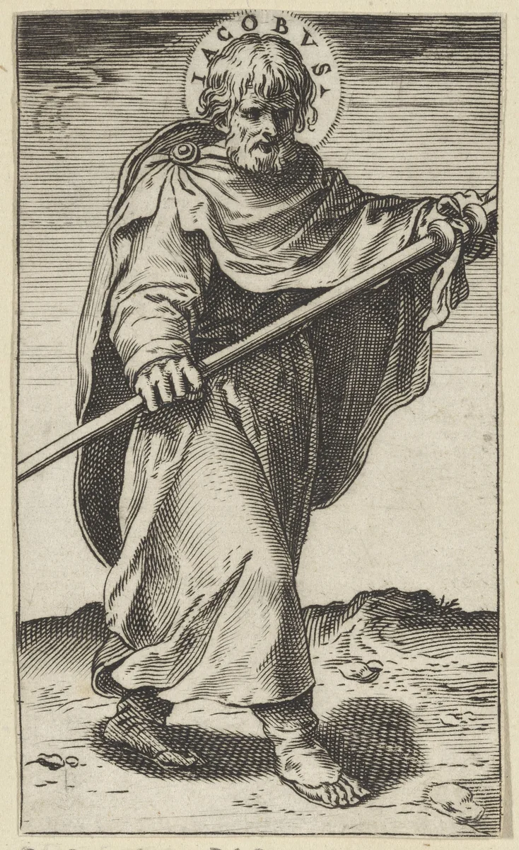 Apostel Jakobus de Meerdere met een staf by Agostino Carracci, print, 1583