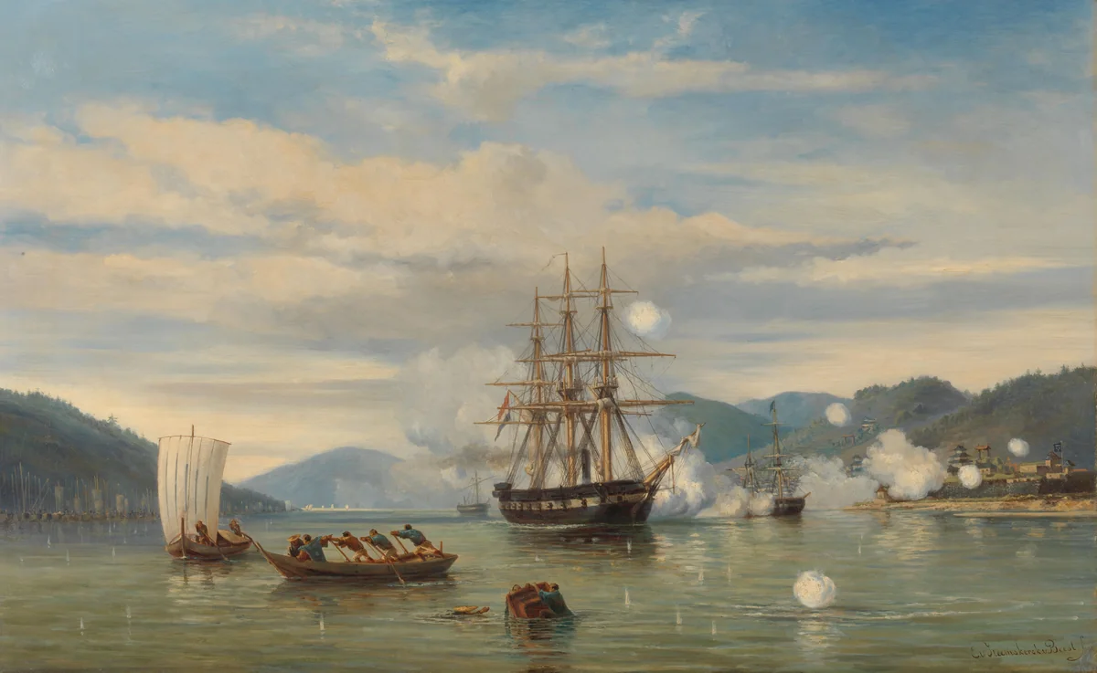 HMS Steam-Powered Battleship Medusa Opening the Shimonoseki Straits by Jacob Eduard van Heemskerck van Beest, painting, 1864
