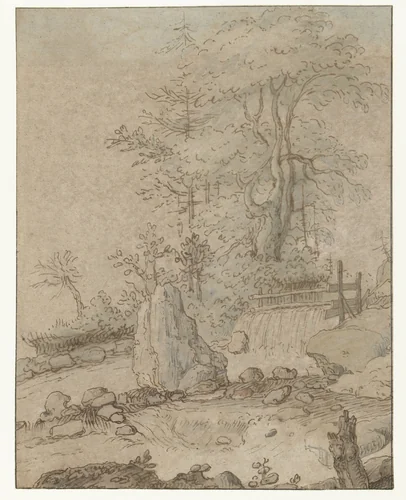 Rotsachtig landschap met waterval by anonymous, drawing, 1600-1650