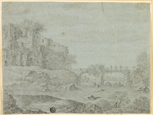 Ruins Overlooking River with Bridge by Adriaen Pietersz van de Venne, drawing, 1619-1662