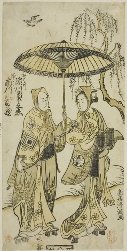 The Actors Segawa Kikunojo II as Ohatsu and Ichikawa Yaozo II as her lover Tokubei in the play "Yoni Osaka Nitsui no Meoto," performed at the Ichimura Theater in the second month, 1767 by Torii Kiyomitsu I, print, 1767