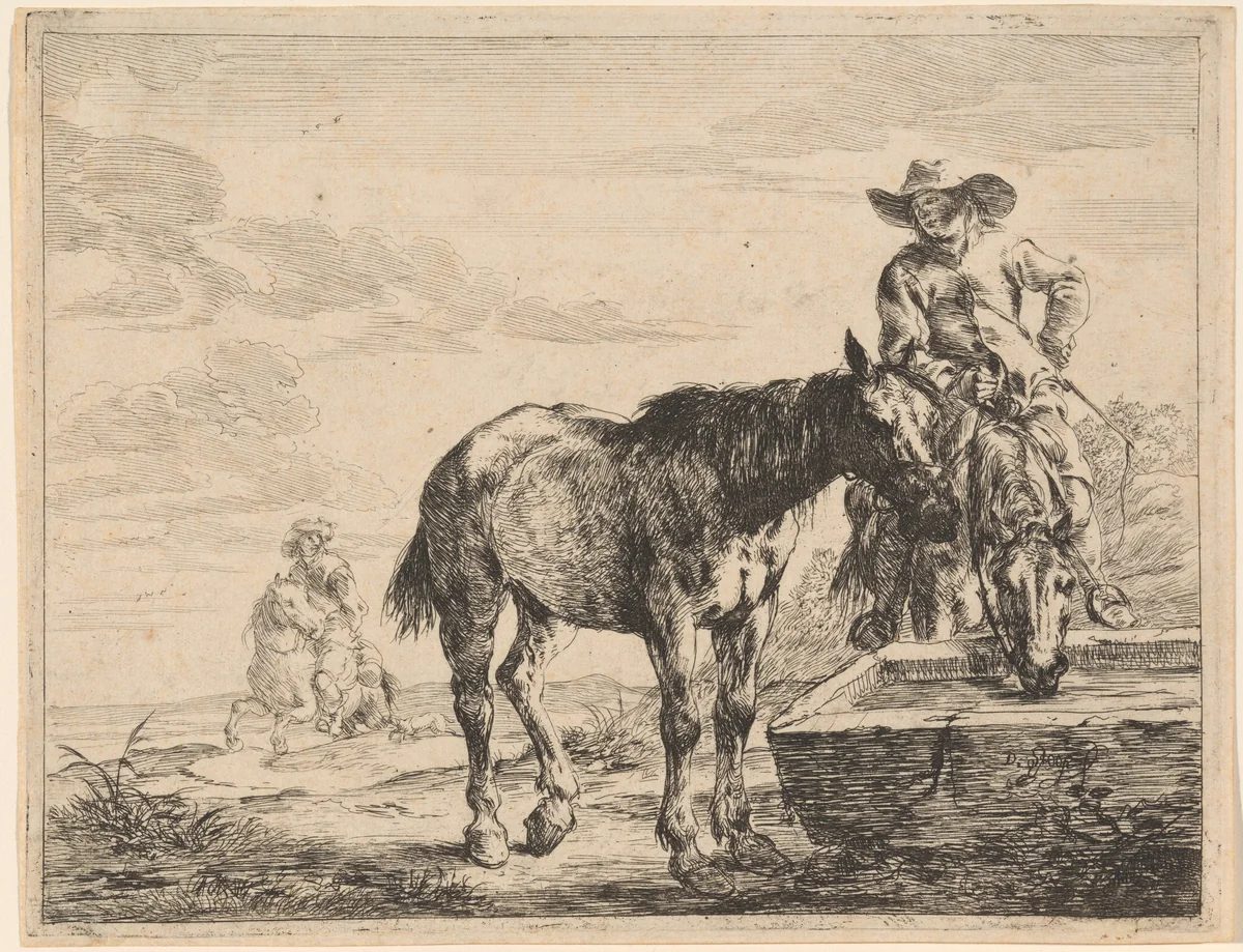 Two Horses Drinking at a Trough by Dirck Stoop, print, 1651