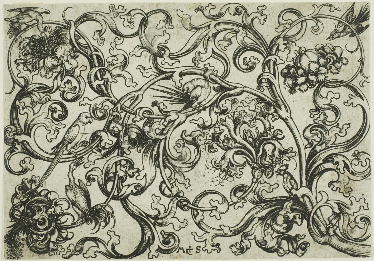 Vine Ornament with Parrots and Birds by Martin Schongauer, print, 1474