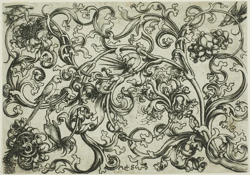 Vine Ornament with Parrots and Birds by Martin Schongauer, print, 1474