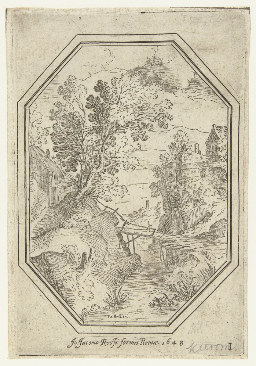Landschap met houten brug in octagonaal kader by Unknown, print, 1582-1626
