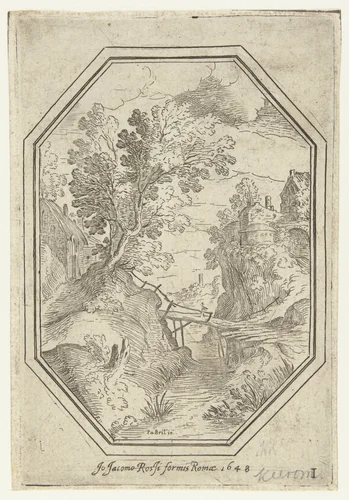 Landschap met houten brug in octagonaal kader by Unknown, print, 1582-1626