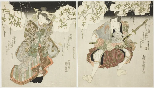 The actors Onoe Kikugoro III (R) as Nagoya Sanza and Iwai Kumesaburo II (L) as the courtesan Katsuragi in the play "Oichiza Soga no Shimadai," performed at the Kawarazaki Theater in the first month, 1827 by Utagawa Kunisada (歌川国貞), print, 1827