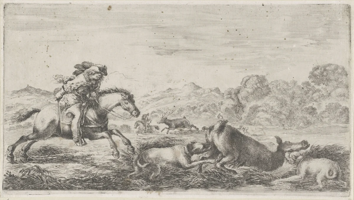 Ree gevangen door twee jachthonden by Stefano della Bella, print, 1620-1664