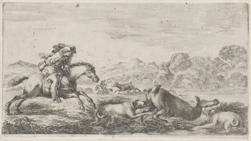 Ree gevangen door twee jachthonden by Stefano della Bella, print, 1620-1664