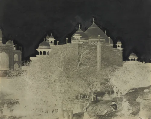 Taj Mahal, Back View of the Rest-House, with Figure by Dr. John Murray, photograph, 1858-1862
