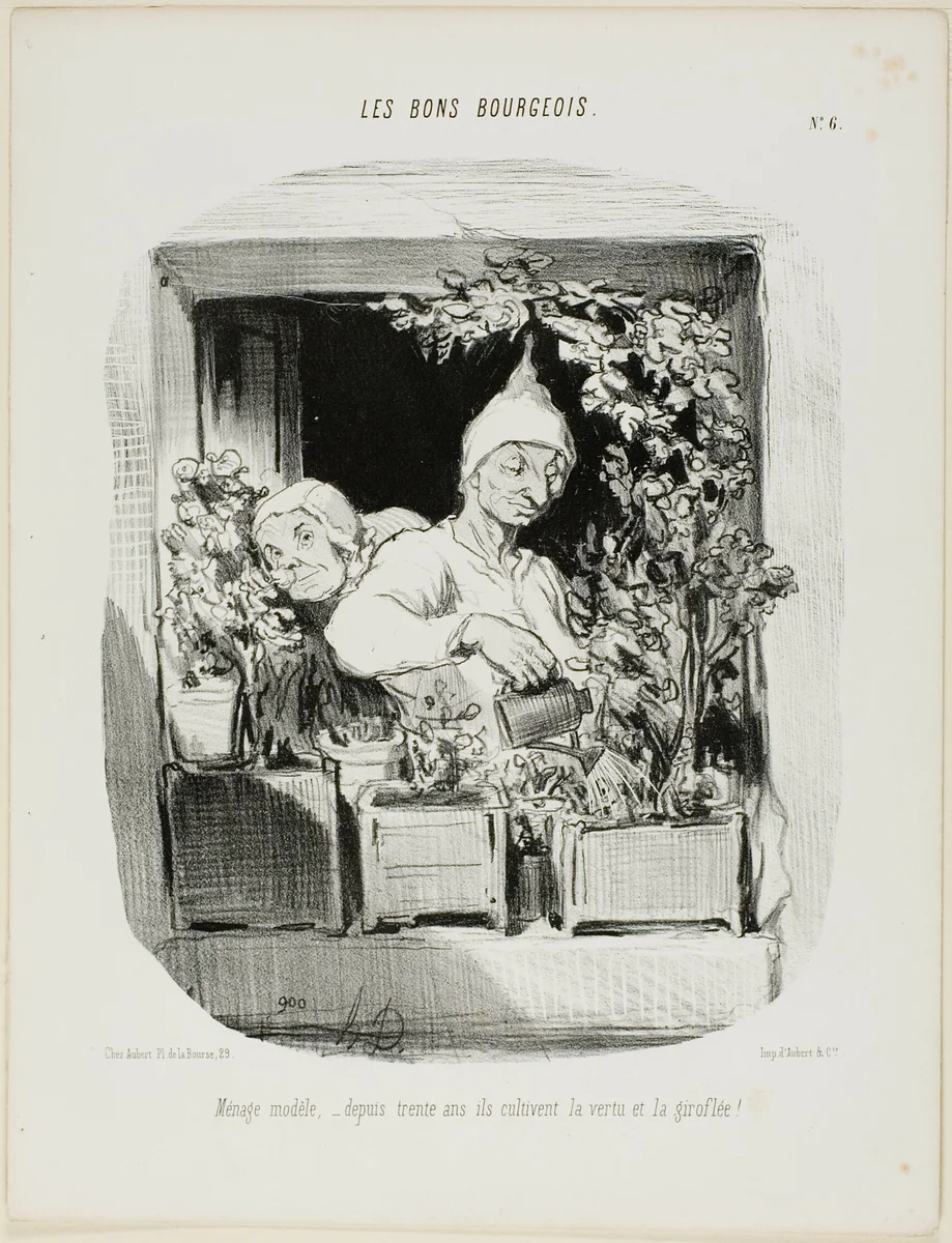 A Model Marriage: For Thirty Years They Have Cultivated Virtue and Carnations, plate six from Les Bons Bourgeois by Honoré-Victorin Daumier, print, 1846