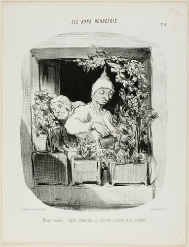 A Model Marriage: For Thirty Years They Have Cultivated Virtue and Carnations, plate six from Les Bons Bourgeois by Honoré-Victorin Daumier, print, 1846