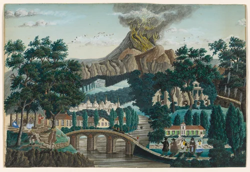 Landscape with Erupting Volcano, Bridge and Wedding Party by Ernst Damitz, other, 1825-1883