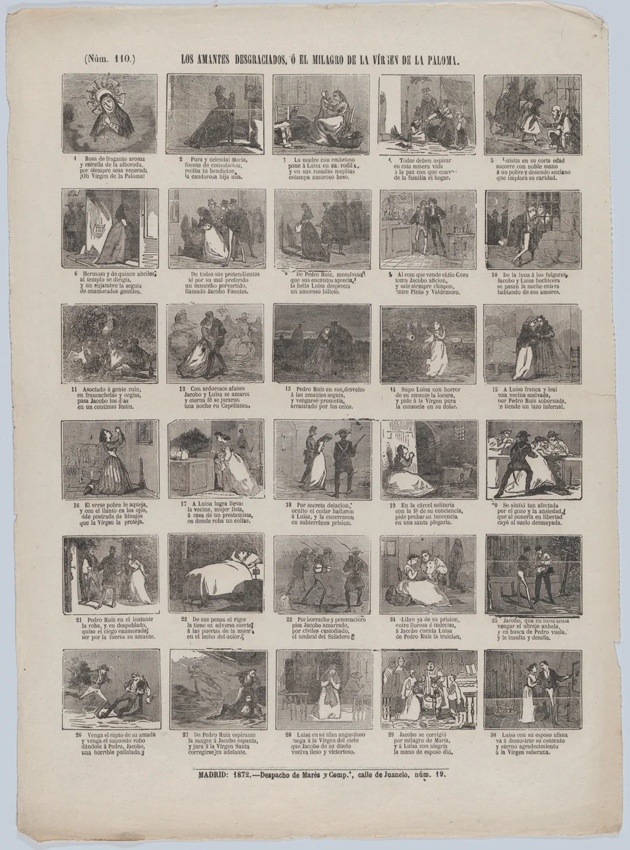 Broadside with 48 scenes relating to the unhappy lovers, or the miracle of the Virgin of the dove by José María Marés, print, 1872