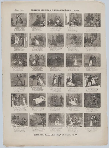 Broadside with 48 scenes relating to the unhappy lovers, or the miracle of the Virgin of the dove by José María Marés, print, 1872
