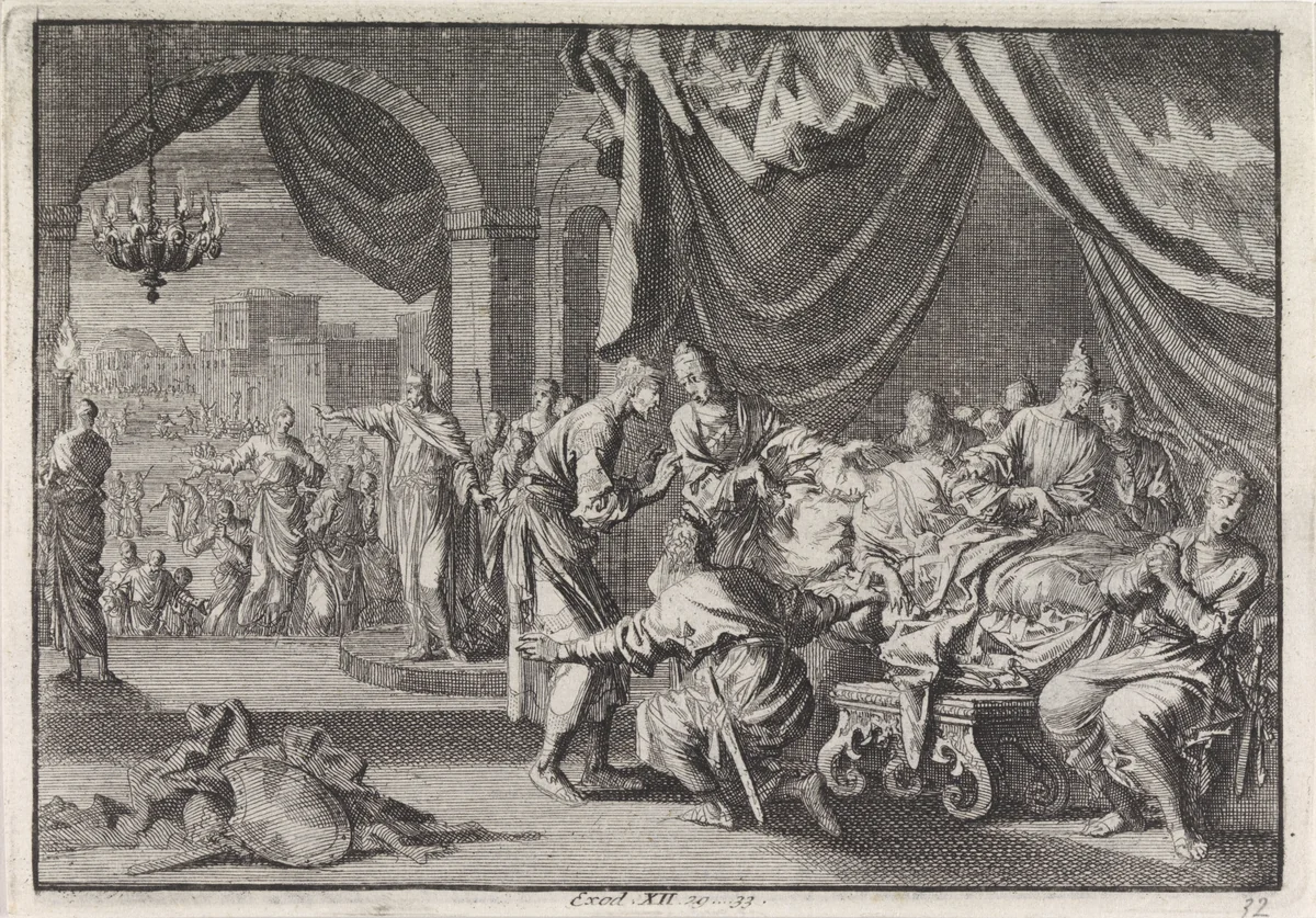 Dood van de eerstgeborenen in Egypte, waaronder de zoon van de farao by Jan Luyken, print, 1703-1762