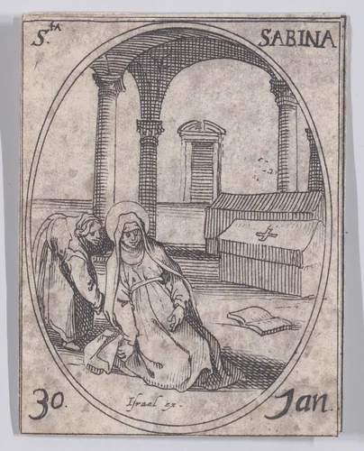 Ste. Sabine (St. Savina), January 30th, from "Les Images De Tous Les Saincts et Saintes de L'Année" (Images of All of the Saints and Feast Days of the Year) by Jacques Callot, print, 1636