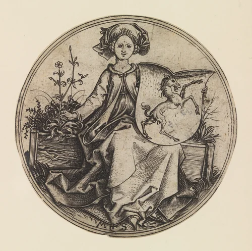 Seated Lady Holding a Shield with an Unicorn by Martin Schongauer, print, 1470-1491
