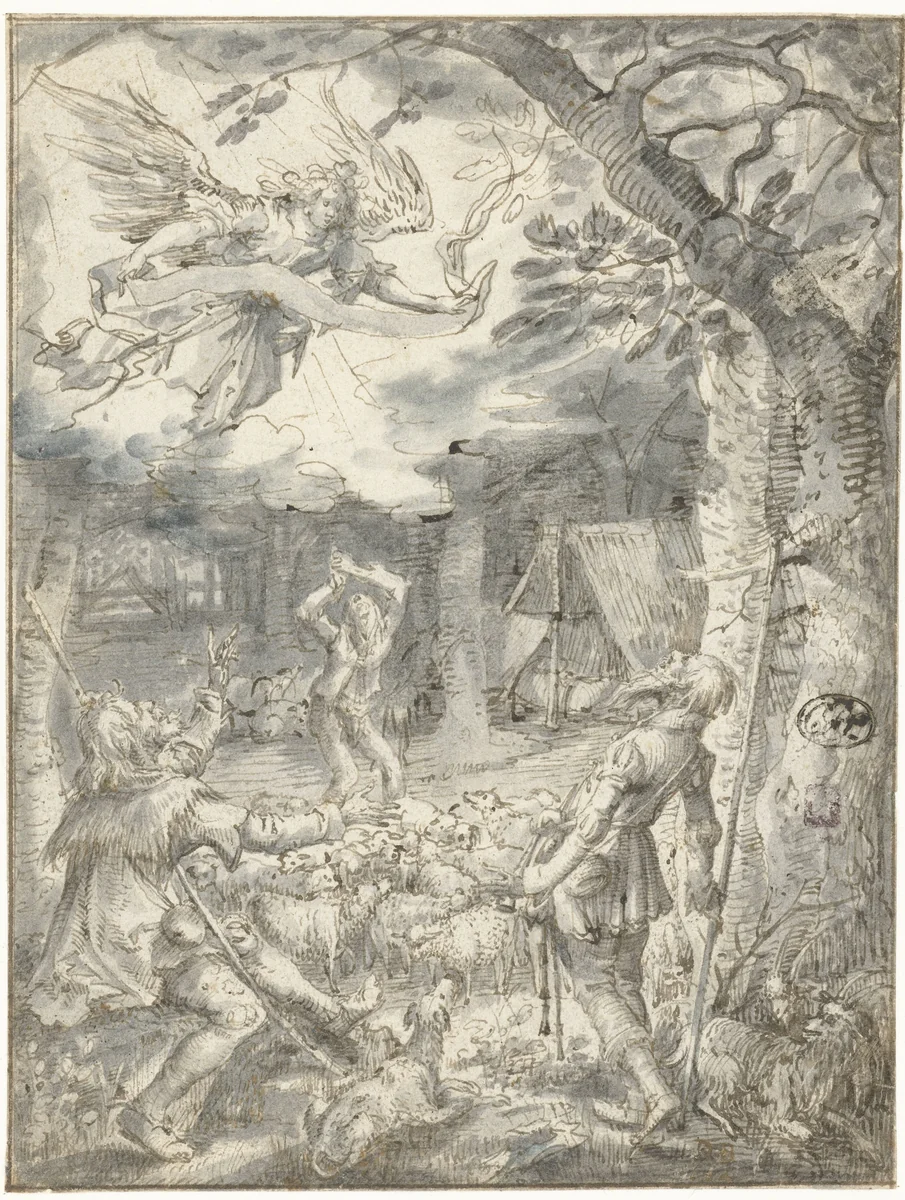 The Annunciation to the Shepherds by David Vinckboons, drawing, 1604