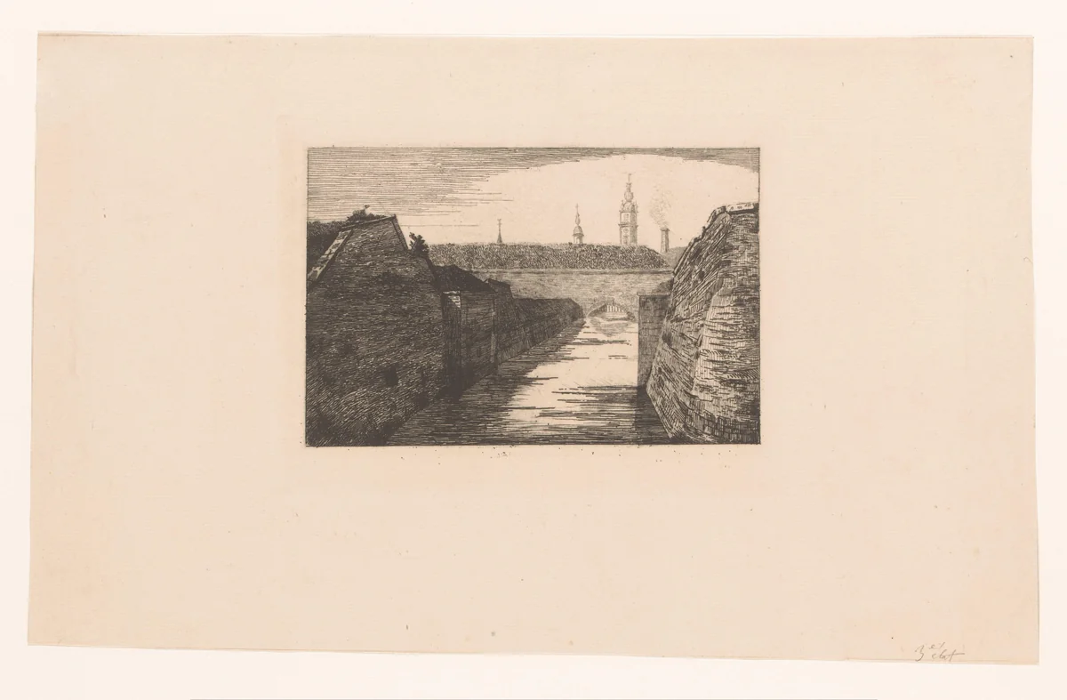 Gezicht op de toegang van de rivier Trouille tot de stad Mons by Léon Dolez, print, 1875-1878