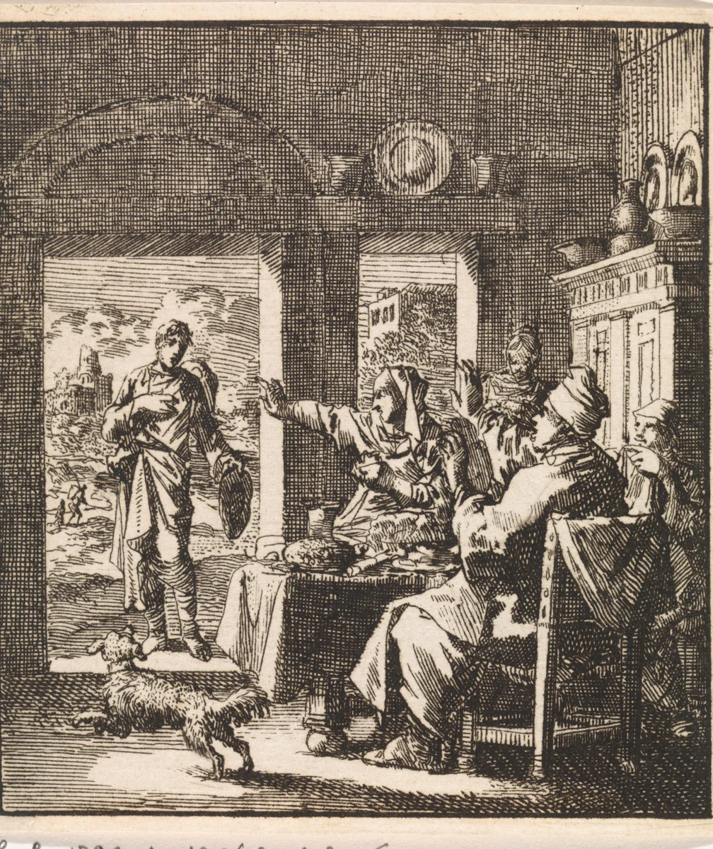 Tafelend gezin maakt afwijzende gebaren naar een arme man die om hulp vraagt by Jan Luyken, print, 1711