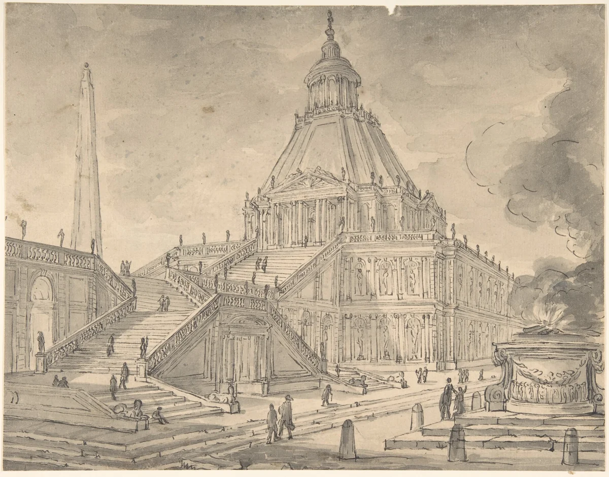 Architectural Fantasy: Temple-like Building with Colonnades, a Monumental Staircase, and a Burnt Offering (Sacrifice) in the Foreground by anonymous, drawing, 1700-1800