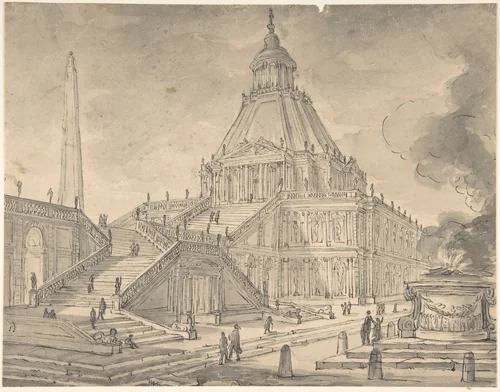Architectural Fantasy: Temple-like Building with Colonnades, a Monumental Staircase, and a Burnt Offering (Sacrifice) in the Foreground by anonymous, drawing, 1700-1800
