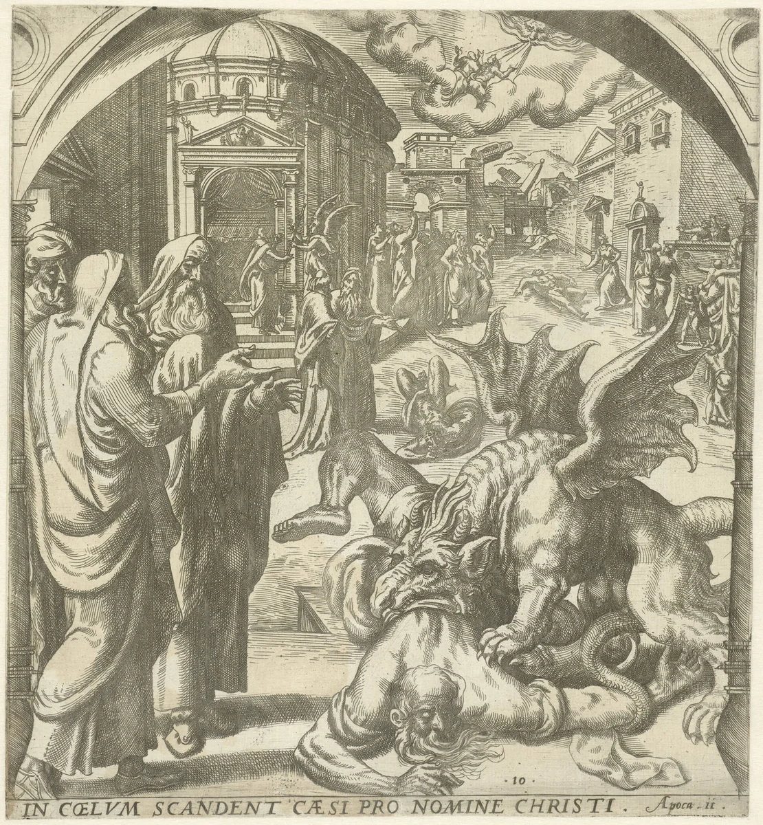 Twee getuigen van God worden door een beest verslonden by Gerard van Groeningen, print, 1563-1574