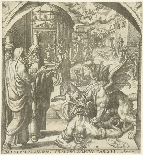 Twee getuigen van God worden door een beest verslonden by Gerard van Groeningen, print, 1563-1574