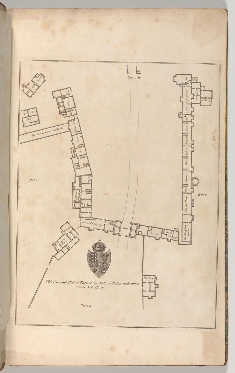 Ground plan of Ancient Palace at Eltham, from Edward Hasted's, The History and Topographical Survey of the County of Kent, vols. 1-3 by John Bayly, book, 1777