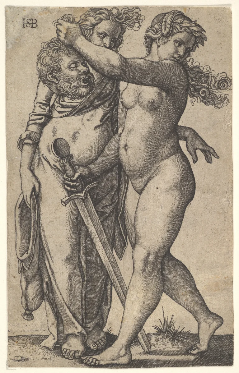 Judith walking to the left with the head of Holofernes in her right hand and a sword in her left hand, her servant standing behind the head to left by Sebald Beham, print, 1530-1550