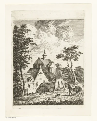 Landschap met kerk en watermolen by Johannes van Cuylenburgh, print, 1803-1841