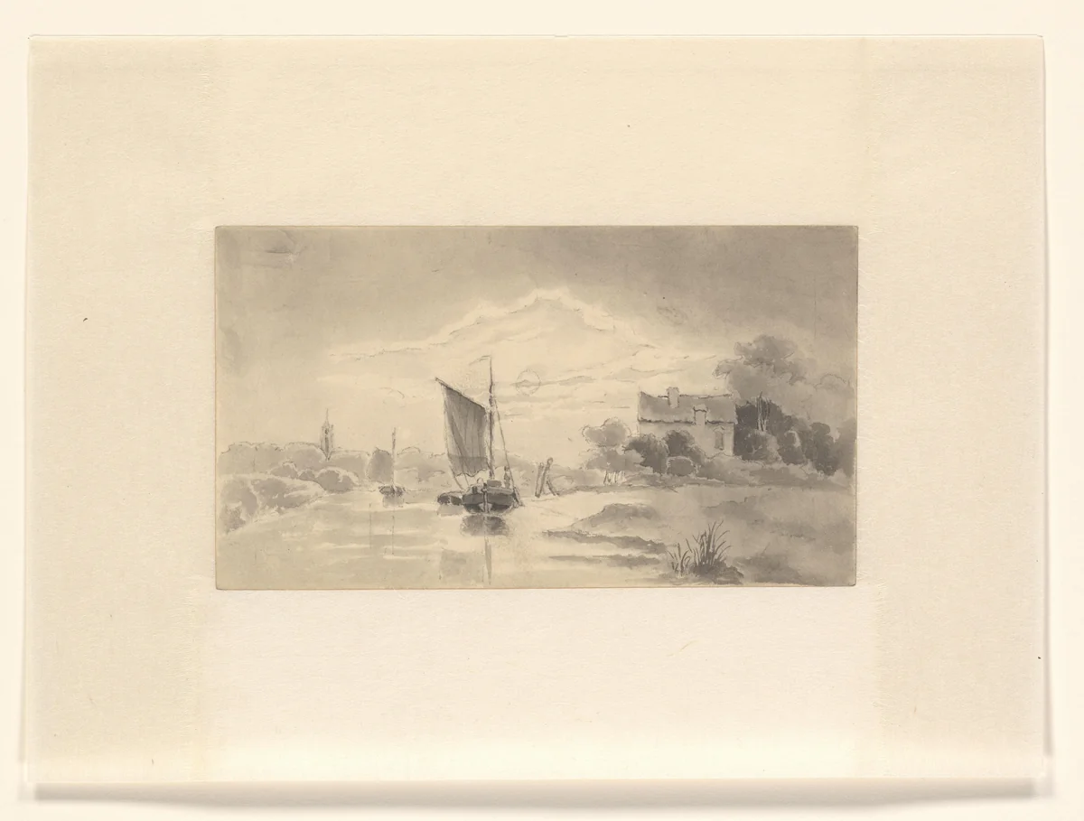 Landschap met rivier en zeilschip by Johannes van Reijn, drawing, 1800-1900